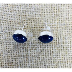 Lapis Lazuli Gemstone Earrings Deep Blue Round Spherical Dome Studs 925 Sterling